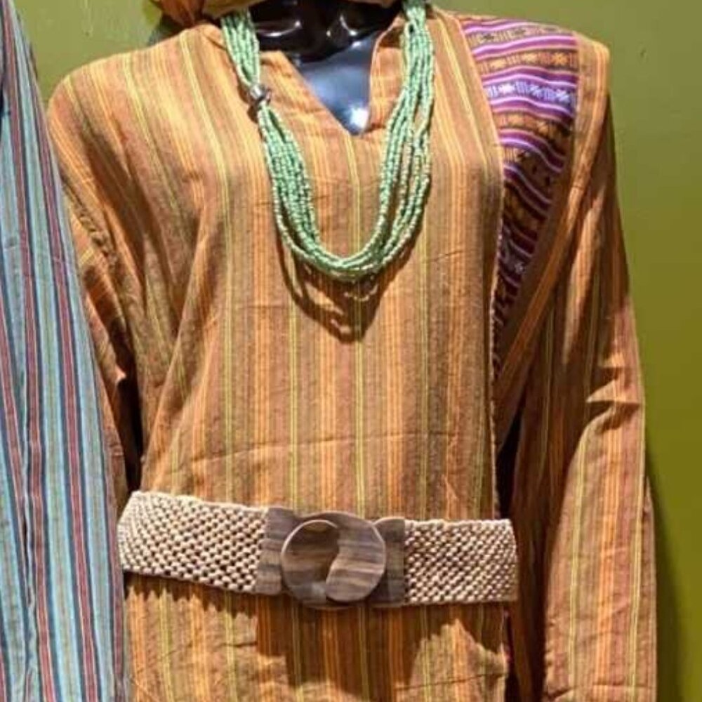 Cotton Bhutani Trim Long-Sleeve V-Neck Tunic - Stripes (Orange)
